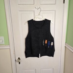 Dark Blue Knit Vest with Cats Design